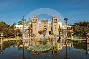 View at the building Museum of Art with fountain in Sevilla, Spain