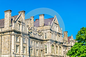 View of a building on the parliament square inside of the trinity college campus in Dublin, Ireland