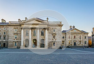 View of a building on the parliament square inside of the trinity college campus in Dublin, Ireland