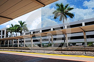 View of building beside train station, South Florida
