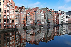 View of buildings along a canal in Hamburg, Germany