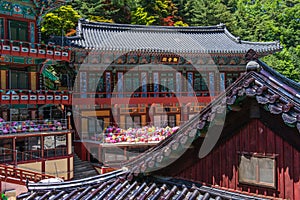 View on Buildings of korean Buddhist Temple complex Guinsa after festival to celebrate buddhas birthday. Guinsa, Danyang Region,