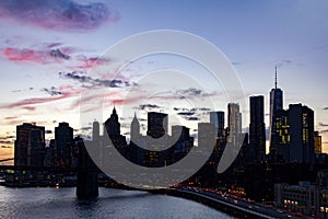 View of the buildings of the Manhattan skyline at dusk in New York City