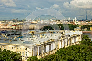 View of the buildings of the Senate and Synod, Vasilyevsky Island and the Neva River from the colonnade of St. Isaac`s Cathedral