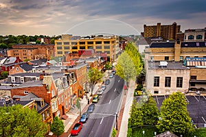 View of buildings and streets from a parking garage in Lancaster