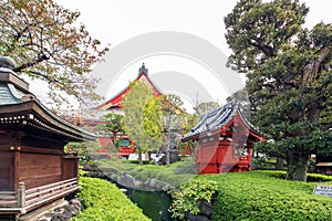View of the buildings in the temple of Asakusa Schrein Senso-ji, Tokyo, Japan. Copy space for text.