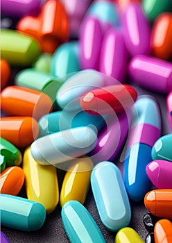 View of a bunch of colorful pills on a white background