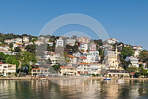 View of Burgazada island from the sea with summer houses and a small mosque, Sea of Marmara, near Istanbul, Turkey