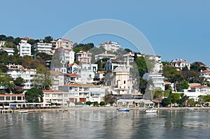 View of Burgazada island from the sea with summer houses and a small mosque, Sea of Marmara, near Istanbul, Turkey photo