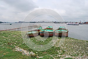 View of the Buriganga river at Sadarghat area with some launches