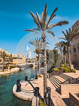 View of Burj Al Arab from Souk Madinat Jumeirah in Dubai, traditional arabian bazaar market, UAE