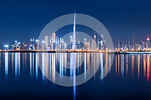 view of the Burj Khalifa and other skyscrapers in the financial center of Dubai in the UAE with reflections in the