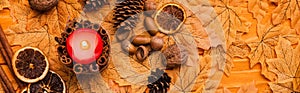 View of burning candle with autumnal