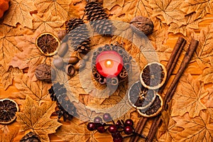View of burning candle with autumnal