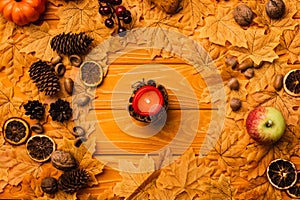 View of burning candle with autumnal