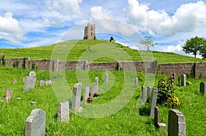 View of Burrow Mump ruins from St Michaels church in Burrowbridge Somerset