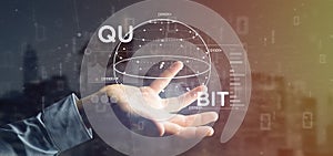 Businessman holding Quantum computing concept with qubit icon 3d rendering photo