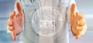 Businessman holding Smart home interface with icon, stats and data 3d rendering