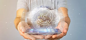 Businessman holding a World globe surronding by ecology icons and connection 3d rendering photo