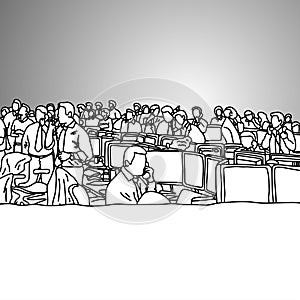 View of busy stock traders office vector illustration doodle sketch hand drawn with black lines isolated on gray background.