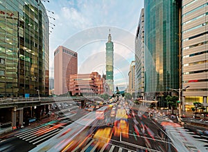 View of a busy street corner at rush hour in Taipei, the capital city of Taiwan