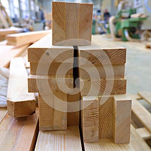 View from butt of stack of three-layer wooden glued laminated timber beams from pine finger joint spliced boards