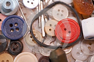 View of the buttons of different sizes and different colors. Macro effect