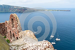 Byzantine castle ruins and Aegean Sea in Oia, Santorini