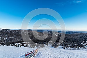 View from "C" ski piste in Ovcarna Praded ski resort in Jeseniky mountains in Czech republic