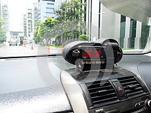 View from cab with meter display Time, Distance and Fare in dashboard interior