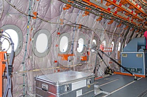 View on the cabin of the aircraft without interior trim, for test flights