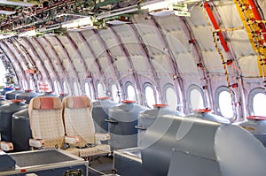 View on the cabin of the with seats aircraft, without interior trim, for test flights