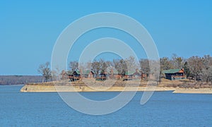 The view of Cabins overlooking Lake Hugo at Klamichi Park Recreation Area in Sawyer, Oklahoma