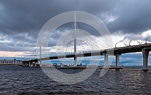 View of the cable bridge through the western high-speed diameter. Saint Petersburg, Russia