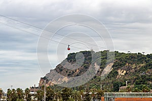 View of the cable car that goes up to the Montjuic mountain in Barcelona, Catalonia, Spain