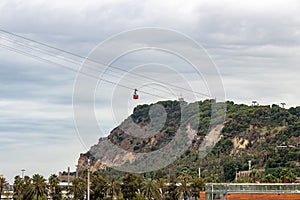 View of the cable car that goes up to the Montjuic mountain in Barcelona, Catalonia, Spain