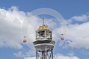 View of the cable car that goes up to the Montjuic mountain in Barcelona in one of the towers