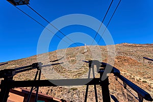 View of the cable car in the mountains. Dangerous type of tourist transport