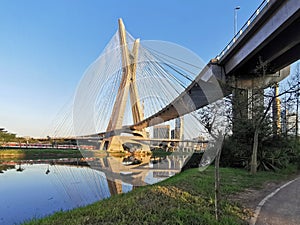 View of the cable-stayed bridge of the marginal cycle lane at sunset