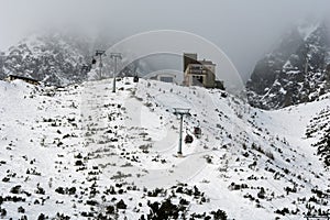 View of the cableway and Skalnate Pleso station at Tatranska Lomnica resort, High Tatras, Slovakia