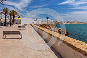 View of Cadiz on a sunny day against the backdrop of the blue sea.