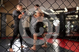 View through cage, two muscular men fighting, bodybuilders punching each other
