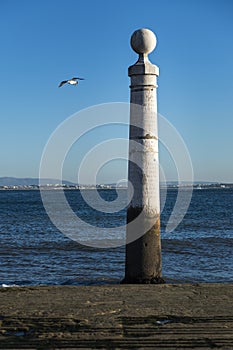 View of the Cais das Colunas in the bank of the Tagus River in the city of Lisbon photo