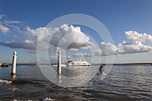 View of the Cais das Colunas and the Tagus River Rio Tejo in the city of Lisbon, Portugal;