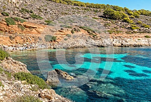 View of Cala Fredda beach on the Levanzo island in the Mediterranean sea of Sicily.