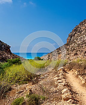 View of Cala Pulcino famous sea place of Lampedusa