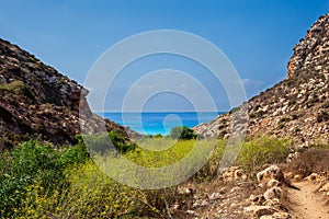 View of Cala Pulcino famous sea place of Lampedusa