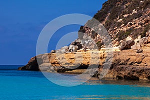 View of Cala Pulcino famous sea place of Lampedusa