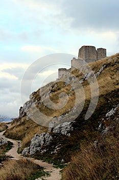 View of the Calascio`s fortress, under a dramatic sky, Rocca Calascio, Abruzzo, Italy