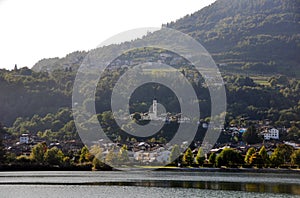 View of Calceranica at the lake seen from the shores of Lake Caldonazzo. Trentino Alto Adige